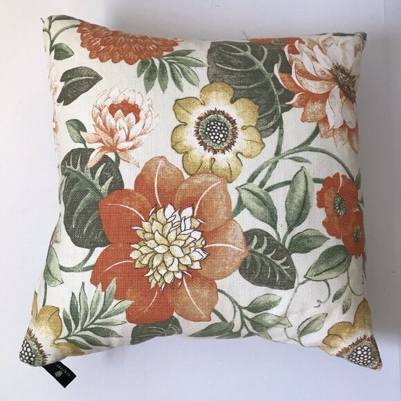 Newport orange flowers cotton feather throw sofa pillow zip 18" square USA - Picture 2 of 7